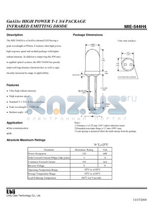 MIE-544H4 datasheet - GaAlAs HIGH POWER T-1 3/4 PACKAGE INFRARED EMITTING DIODE