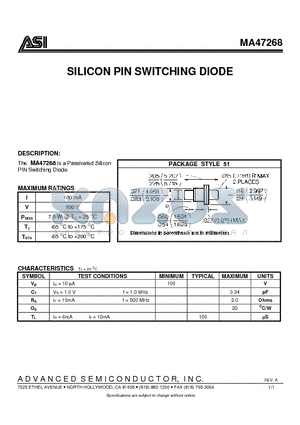 MA47268 datasheet - SILICON PIN SWITCHING DIODE