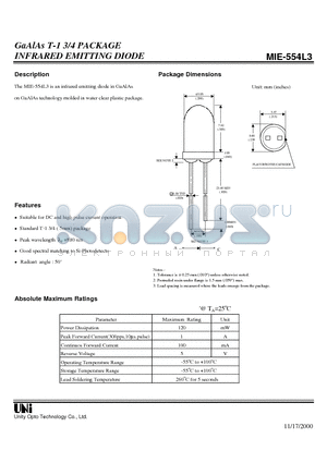 MIE-554L3 datasheet - GaAlAs T-1 3/4 PACKAGE INFRARED EMITTING DIODE