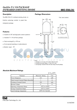 MIE-556L3U datasheet - GaAlAs T-1 3/4 PACKAGE INFRARED EMITTING DIODE