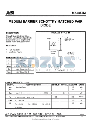 MA4853M datasheet - MEDIUM BARRIER SCHOTTKY MATCHED PAIR DIODE