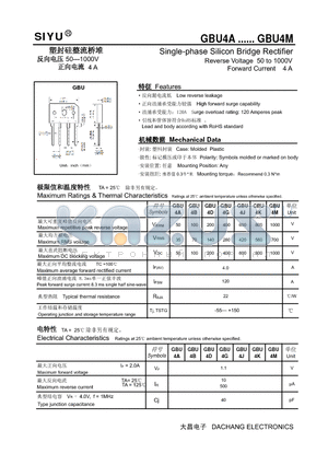 GBU4A datasheet - Single-phase Silicon Bridge Rectifier Reverse Voltage 50 to 1000V Forward Current 4 A