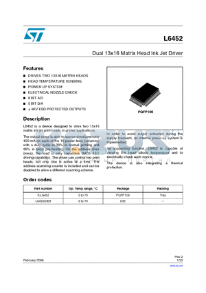 L6452DIE8 datasheet - Dual 13x16 Matrix Head Ink Jet Driver