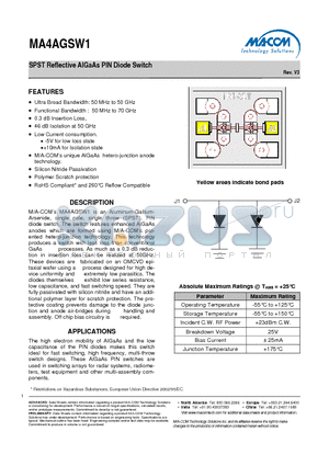 MA4AGSW1 datasheet - SPST Reflective AlGaAs PIN Diode Switch