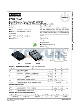 FDML7610S datasheet - Dual N-Channel PowerTrench^ MOSFET N-Channel: 30 V, 30 A, 7.5 mY N-Channel: 30 V, 28 A, 4.2 mY