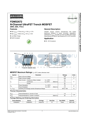 FDMS2672 datasheet - N-Channel UltraFET Trench MOSFET 200V, 20A, 77mohm