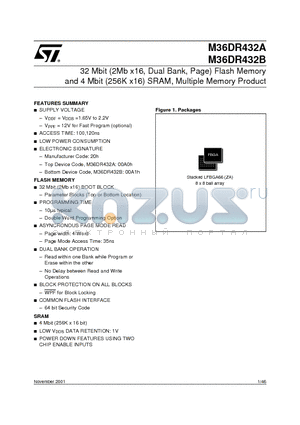 M36DR432-ZAT datasheet - 32 Mbit 2Mb x16, Dual Bank, Page Flash Memory and 4 Mbit 256K x16 SRAM, Multiple Memory Product