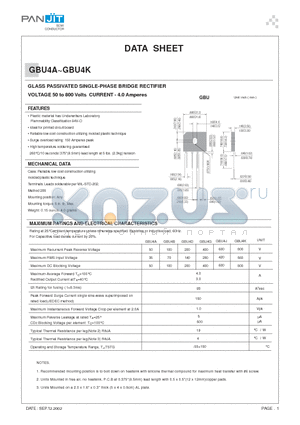 GBU4B datasheet - GLASS PASSIVATED SINGLE-PHASE BRIDGE RECTIFIER(VOLTAGE 50 to 800 Volts CURRENT - 4.0 Amperes)