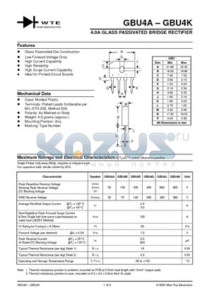 GBU4D datasheet - 4.0A GLASS PASSIVATED BRIDGE RECTIFIER