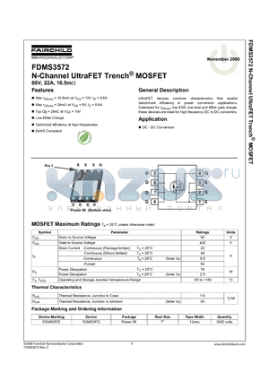 FDMS3572 datasheet - N-Channel UltraFET Trench MOSFET 80V, 22A, 16.5mOHM