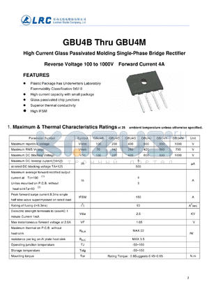 GBU4B datasheet - High Current Glass Passivated Molding Single-Phase Bridge Rectifier