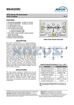 MA4AGSW2 datasheet - SPDT AlGaAs PIN Diode Switch RoHS Compliant