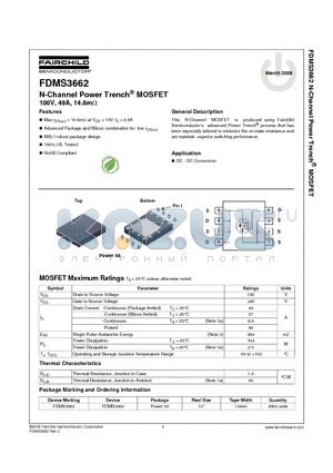 FDMS3662 datasheet - N-Channel Power Trench^ MOSFET 100V, 49A, 14.8mY