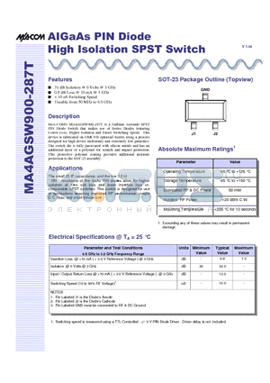 MA4AGSW900-287T datasheet - AIGaAs PIN Diode High Isolation SPST Switch