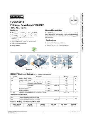 FDMS6681Z datasheet - P-Channel PowerTrench^MOSFET -30 V, -49 A, 3.2 m��