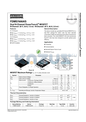 FDMS7600AS datasheet - Dual N-Channel PowerTrench^ MOSFET N-Channel: 30 V, 30 A, 7.5 mY N-Channel: 30 V, 40 A, 2.8 mY