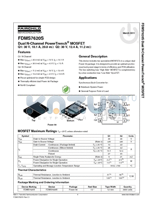 FDMS7620S datasheet - Dual N-Channel PowerTrench^ MOSFET Q1: 30 V, 10.1 A, 20.0 mY Q2: 30 V, 12.4 A, 11.2 mY