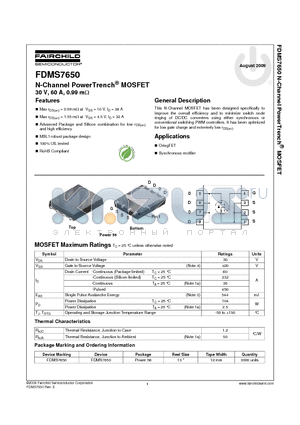 FDMS7650 datasheet - N-Channel PowerTrench^ MOSFET 30 V, 60 A, 0.99 mY