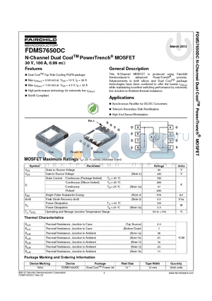 FDMS7650DC datasheet - N-Channel Dual CoolTM PowerTrench^ MOSFET 30 V, 100 A, 0.99 mY