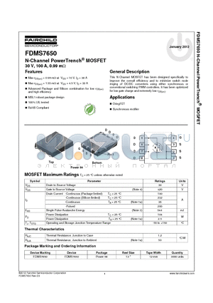 FDMS7650_12 datasheet - N-Channel PowerTrench^ MOSFET 30 V, 100 A, 0.99 mY