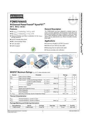 FDMS7656AS datasheet - N-Channel PowerTrench^ SyncFET 30 V, 49 A, 1.8 mY