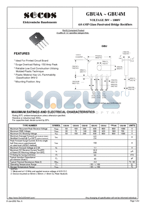 GBU4G datasheet - 4.0 A MP Glass Passivated Bridge Rectifiers