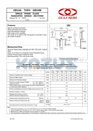 GBU4G datasheet - SINGLE PHASE GLASS PASSIVATED BRIDGE RECTIFIER Voltage: 50 to 1000V Current: 4.0A