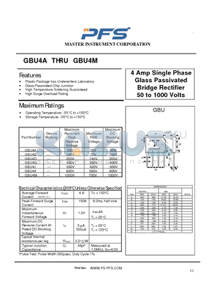 GBU4G datasheet - 4 Amp Single Phase Glass Passivated Bridge Rectifier 50 to 1000 Volts