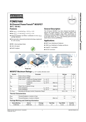 FDMS7680 datasheet - N-Channel PowerTrench^ MOSFET 30 V, 6.9 mY