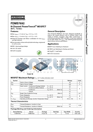 FDMS7692 datasheet - N-Channel PowerTrench^ MOSFET 30 V, 7.5 mY