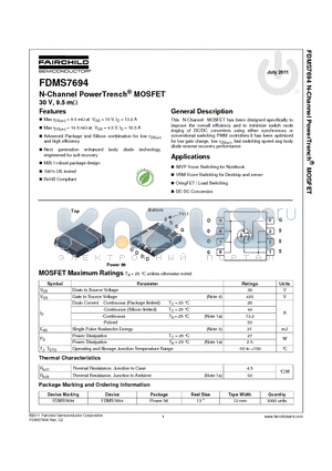 FDMS7694 datasheet - N-Channel PowerTrench^ MOSFET 30 V, 9.5 mY