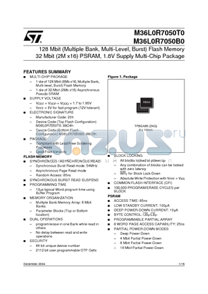 M36L0R7050T0 datasheet - 128 Mbit (Multiple Bank, Multi-Level, Burst) Flash Memory 32 Mbit (2M x16) PSRAM, 1.8V Supply Multi-Chip Package