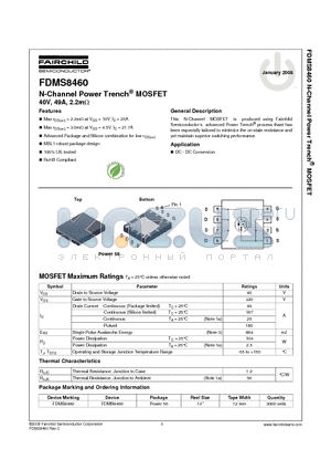 FDMS8460 datasheet - N-Channel Power Trench^ MOSFET 40V, 49A, 2.2mY