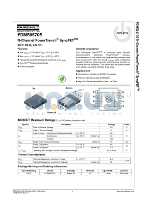 FDMS8570S datasheet - N-Channel PowerTrench^ SyncFETTM 25 V, 60 A, 2.8 mY