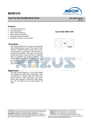 MA4E1310 datasheet - GaAs Flip Chip Schottky Barrier Diode