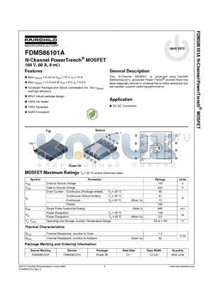 FDMS86101A datasheet - N-Channel PowerTrench^ MOSFET 100 V, 60 A, 8 mY