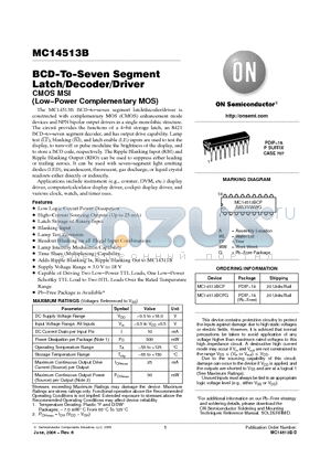 MC14513BCP datasheet - BCD−To−Seven Segment Latch/Decoder/Driver CMOS MSI (Low−Power Complementary MOS)