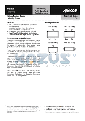 MA4E1338A1-1141T datasheet - Silicon Medium Barrier Schottky Diodes