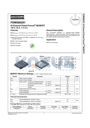 FDMS86201 datasheet - N-Channel PowerTrench^ MOSFET 120 V, 35 A, 11.5 m