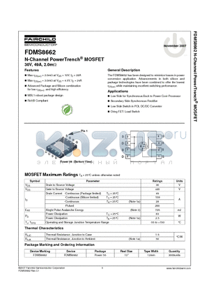 FDMS8662 datasheet - N-Channel PowerTrench^ MOSFET 30V, 49A, 2.0mY