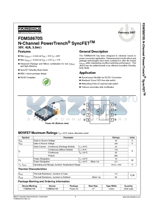 FDMS8670S_07 datasheet - N-Channel PowerTrench^ SyncFET TM 30V, 42A, 3.5m