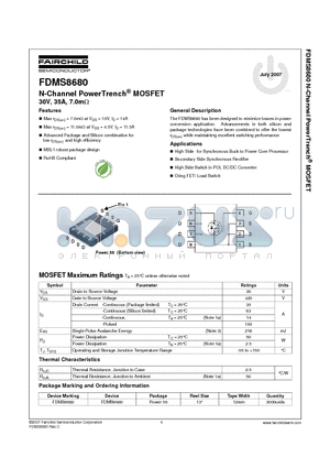 FDMS8680 datasheet - N-Channel PowerTrench^ MOSFET 30V, 35A, 7.0mY