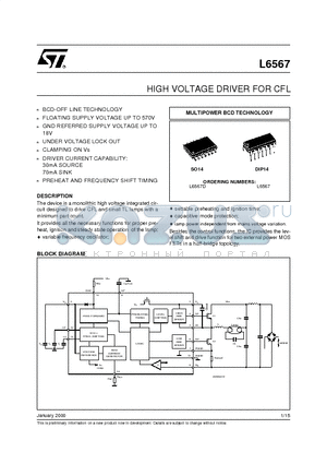 L6567D datasheet - HIGH VOLTAGE DRIVER FOR CFL