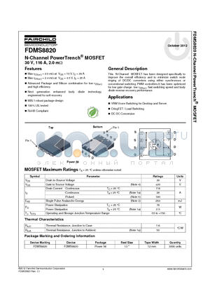 FDMS8820 datasheet - N-Channel PowerTrench^ MOSFET 30 V, 116 A, 2.0 mY