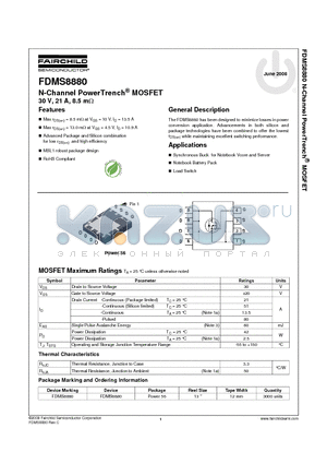 FDMS8880 datasheet - N-Channel PowerTrench^ MOSFET 30 V, 21 A, 8.5 mY