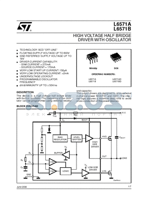 L6571B datasheet - HIGH VOLTAGE HALF BRIDGE DRIVER WITH OSCILLATOR