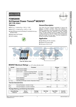 FDMS8690 datasheet - N-Channel Power Trench^ MOSFET 30V, 27A, 9.0m