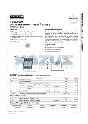 FDMS8690_07 datasheet - N-Channel Power Trench^ MOSFET 30V, 27A, 9.0m