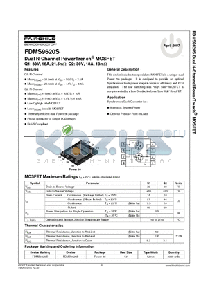 FDMS9620S datasheet - Dual N-Channel PowerTrench^ MOSFET Q1: 30V, 16A, 21.5mY Q2: 30V, 18A, 13mY