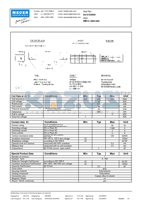HM12-1A83-600 datasheet - HM Reed Relay